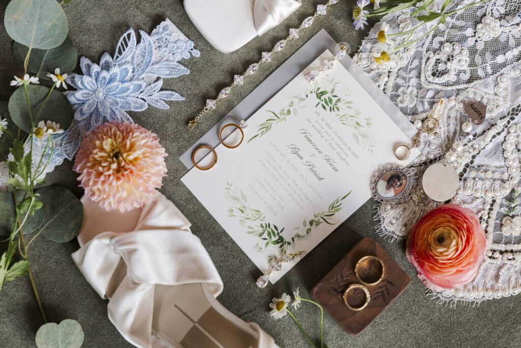 seminary hill wedding stationery and accessories flat lay