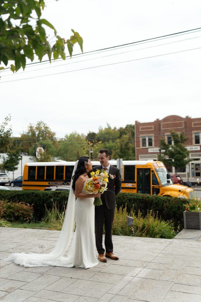 bride and groom leaving wedding ceremony at st peter's church in liberty