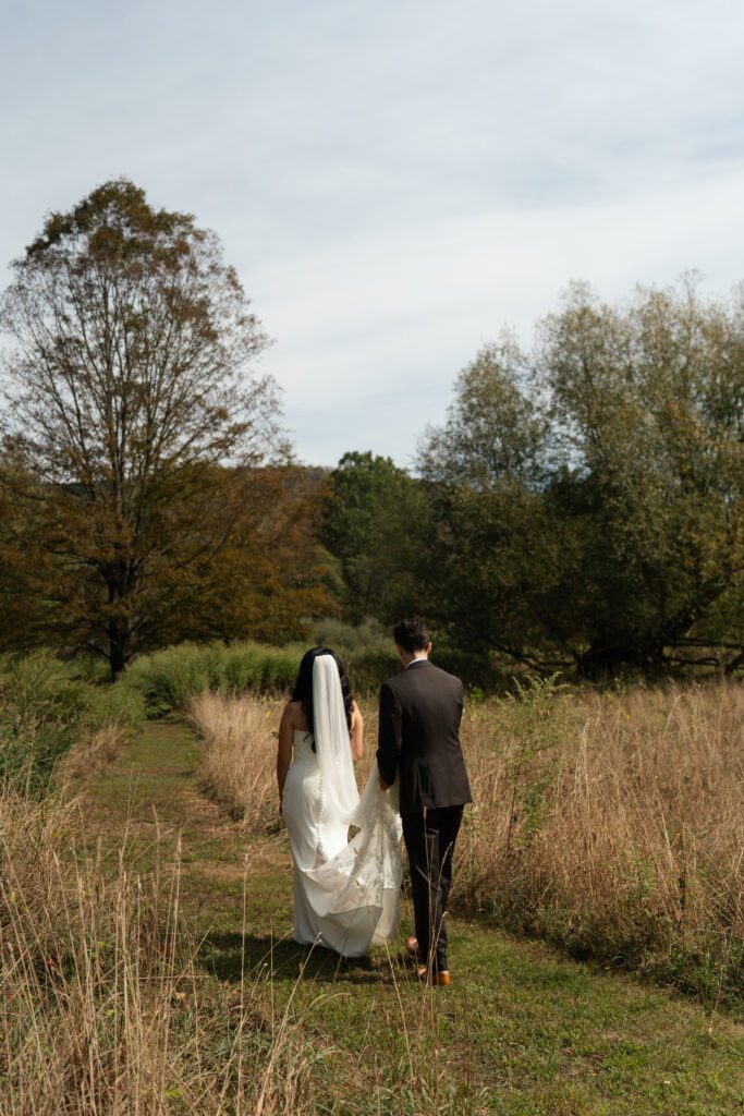 bride and groom outdoor portraits for their north branch inn wedding in the catskills