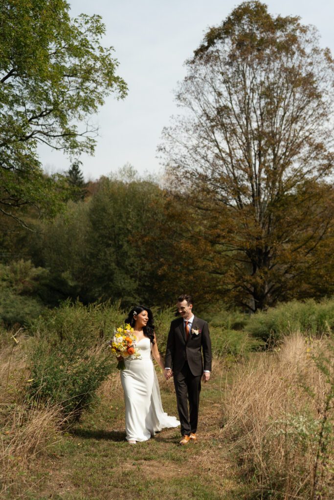 bride and groom outdoor portraits for their north branch inn wedding in the catskills