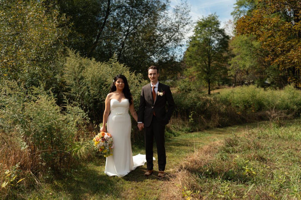bride and groom outdoor portraits for their north branch inn wedding in the catskills