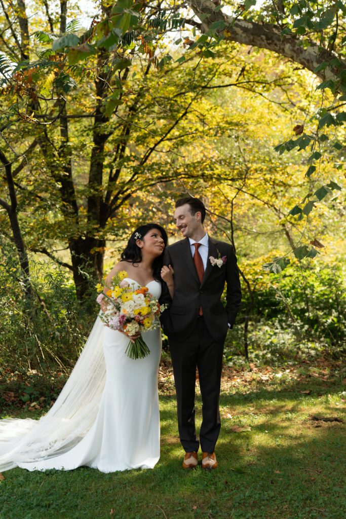 bride and groom outdoor portraits for their north branch inn wedding in the catskills