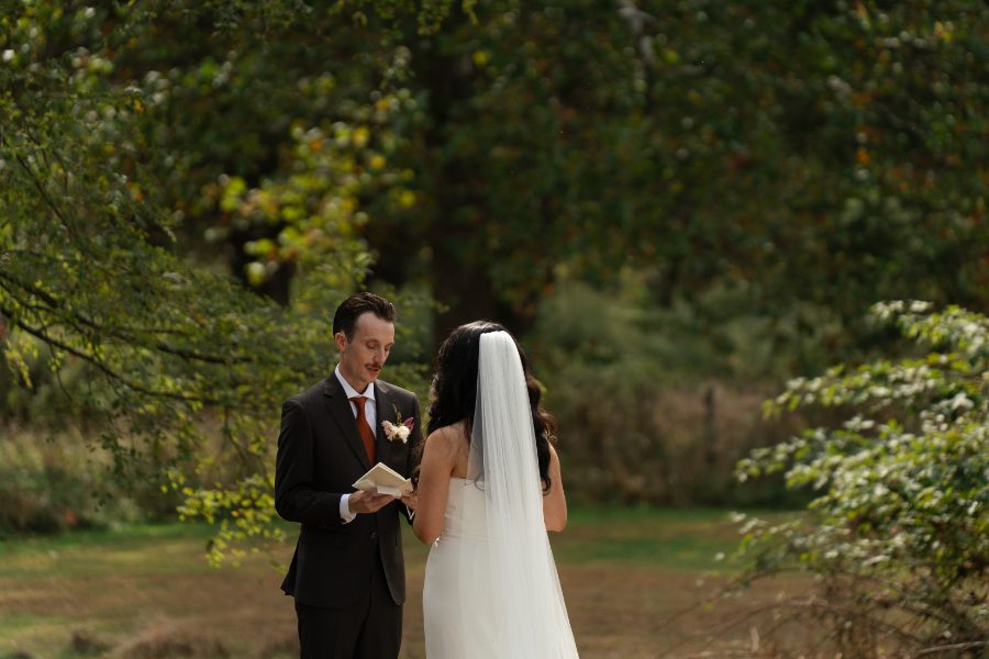 bride and groom outdoor first look portraits for their north branch inn wedding in the catskills