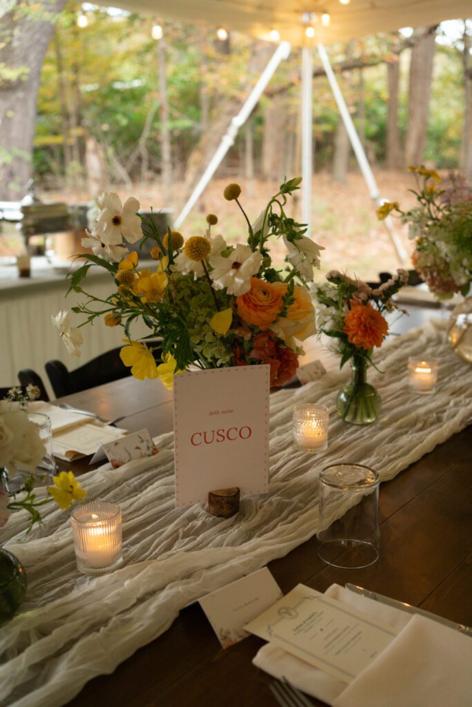 wedding reception decor details for tented fall wedding at north branch inn