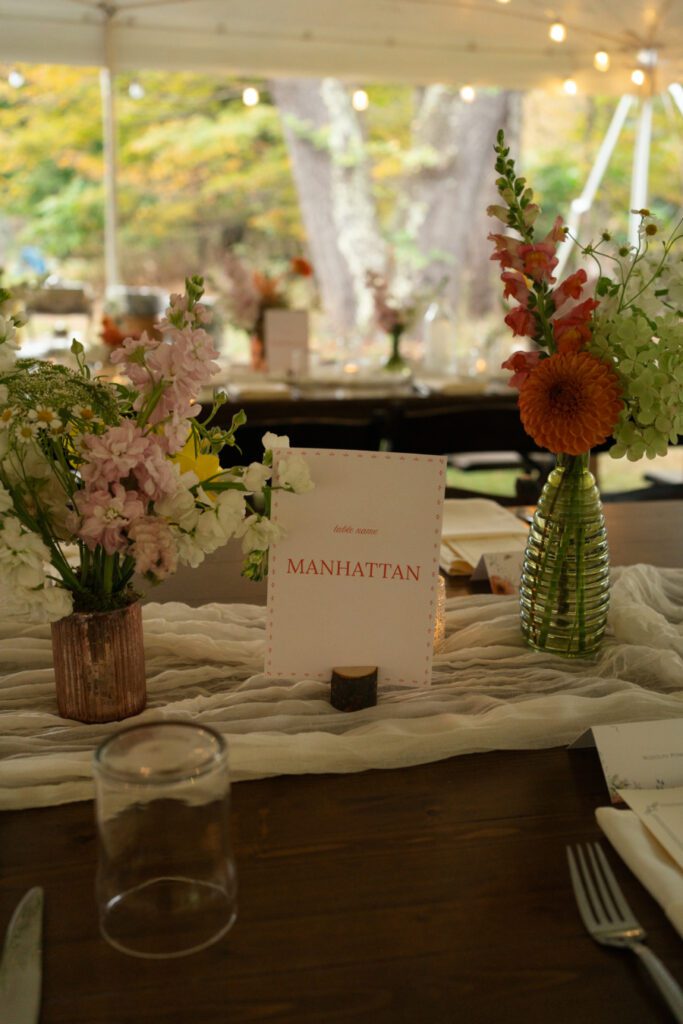 wedding reception decor details for tented fall wedding at north branch inn